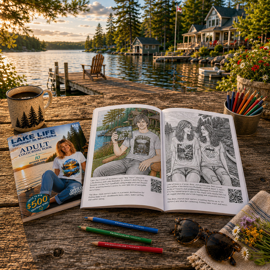 Lake Life adult colouring book and colouring pages beside a Muskoka lake